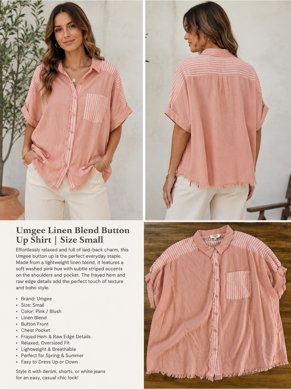 Umgee Linen Blend Button Up Top Pink Striped Raw Hem Oversized Blouse Boho (v)
